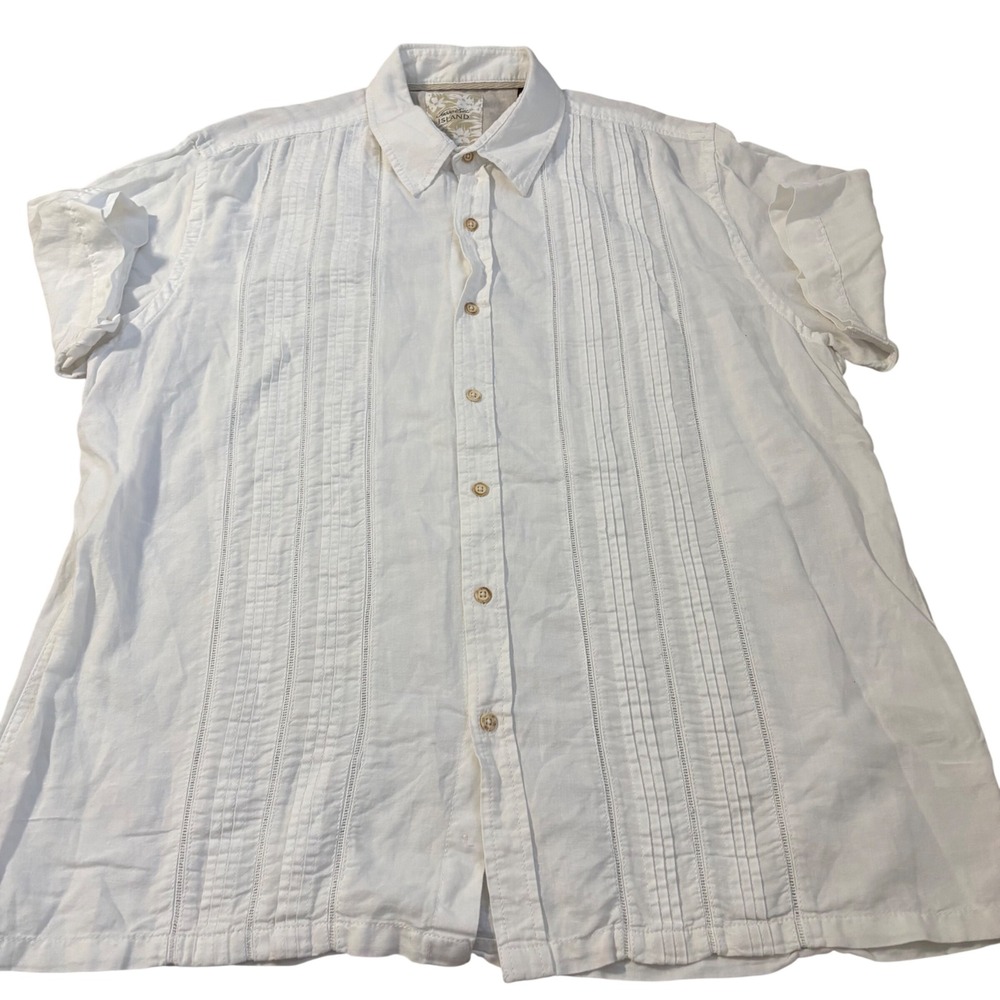 Tasso Elba Island Mens XL White Linen Blend Pintuck Guayabera Camp Shirt